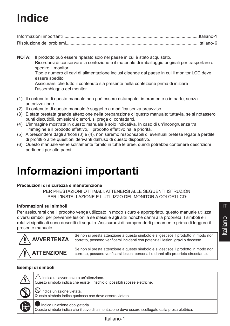 Manuale di montaggio, Indice, Informazioni importanti | Italiano | NEC MultiSync E274FL 27" Monitor User Manual | Page 87 / 176