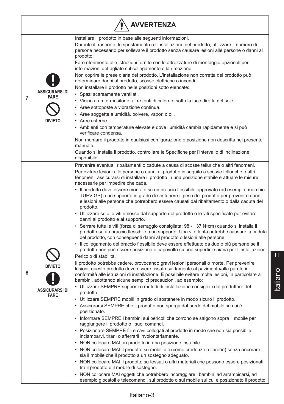 Italiano, Avvertenza, Italiano-3 it | NEC MultiSync E274FL 27" Monitor User Manual | Page 89 / 176