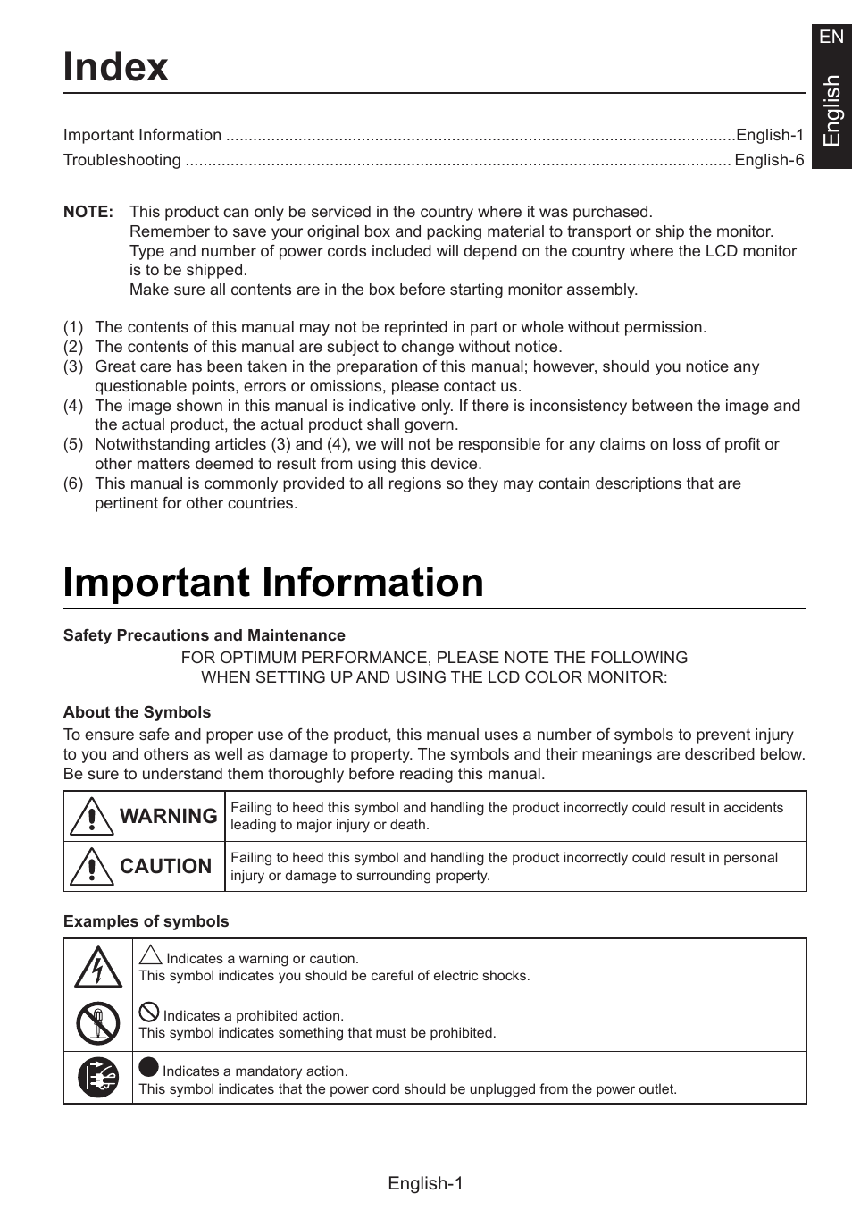 Setup manual, Index, Important information | English | NEC MultiSync E274FL 27" Monitor User Manual | Page 9 / 176