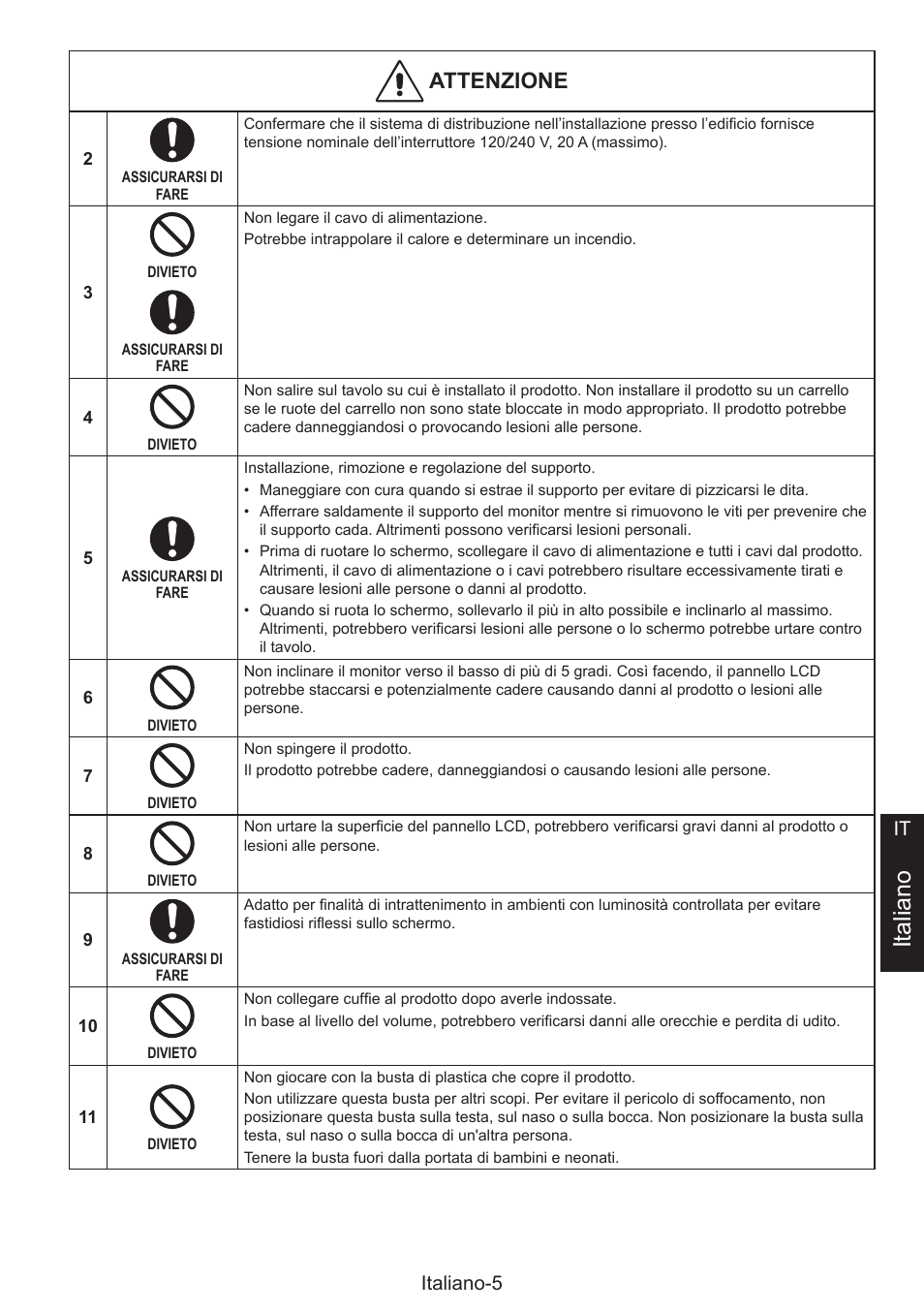 Italiano, Attenzione, Italiano-5 it | NEC MultiSync E274FL 27" Monitor User Manual | Page 91 / 176