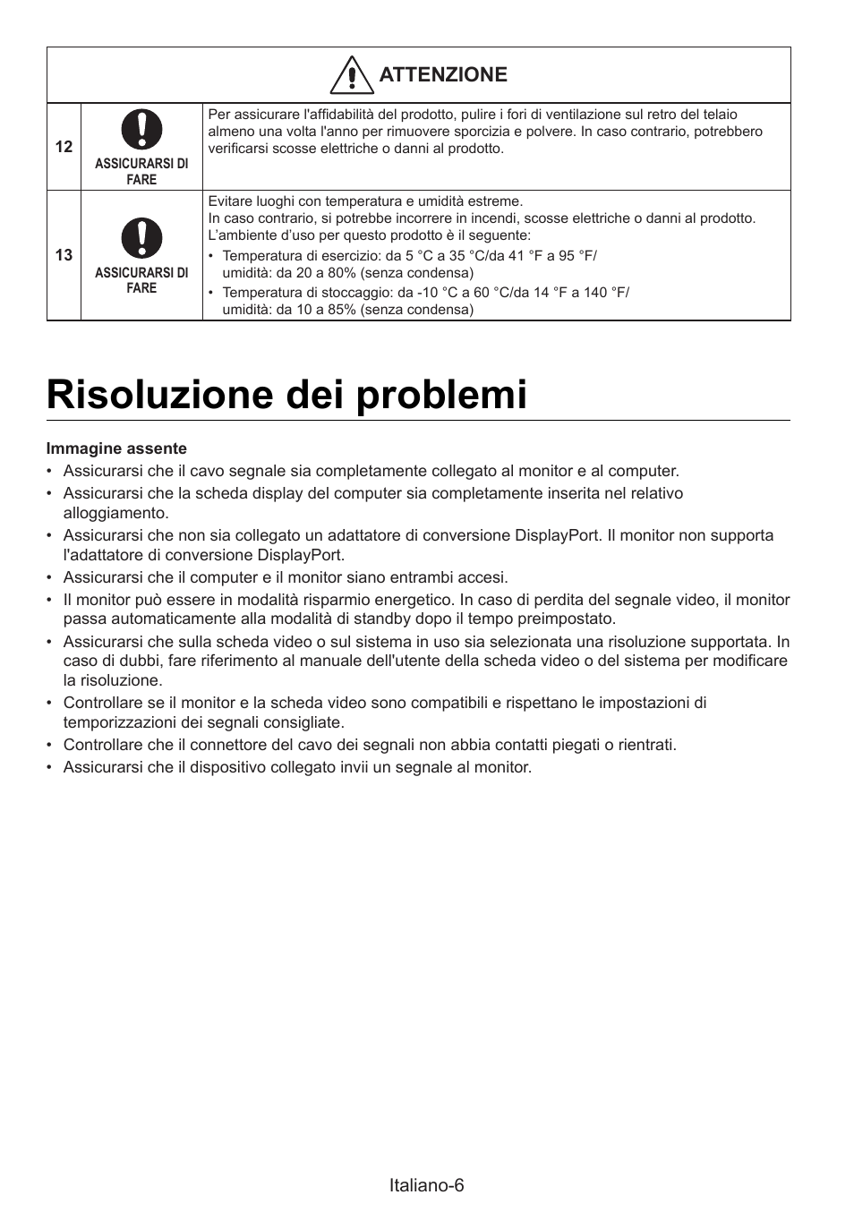 Risoluzione dei problemi, Attenzione | NEC MultiSync E274FL 27" Monitor User Manual | Page 92 / 176