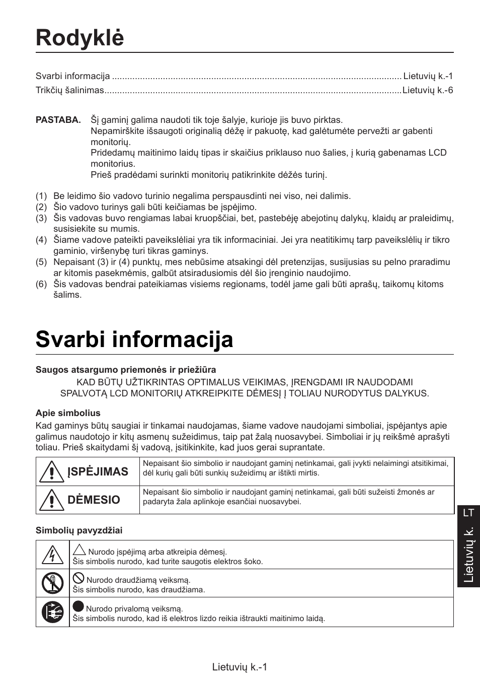 Sąrankos vadovas, Rodyklė, Svarbi informacija | Lietuvių k | NEC MultiSync E274FL 27" Monitor User Manual | Page 93 / 176