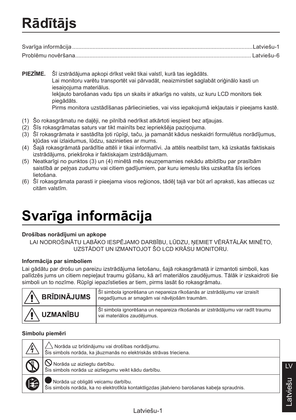 Uzstādīšanas rokasgrāmata, Rādītājs, Ivarīga informācija | Latviešu | NEC MultiSync E274FL 27" Monitor User Manual | Page 99 / 176