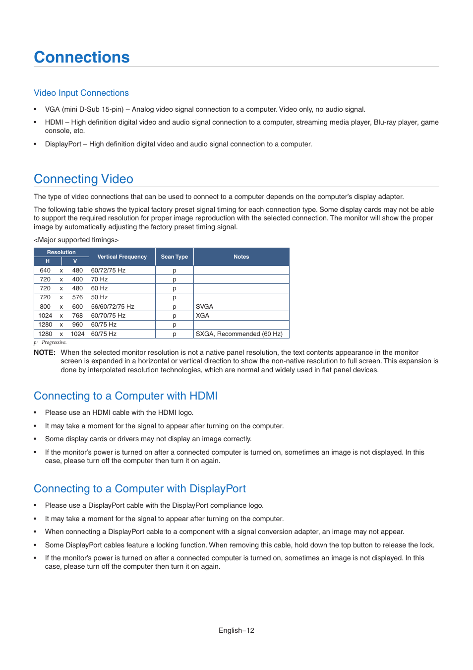 Connections, Connecting video, Connecting to a computer with hdmi | Connecting to a computer with displayport, Video input connections | NEC MultiSync E172M-BK 17" 5:4 TN Monitor User Manual | Page 14 / 28