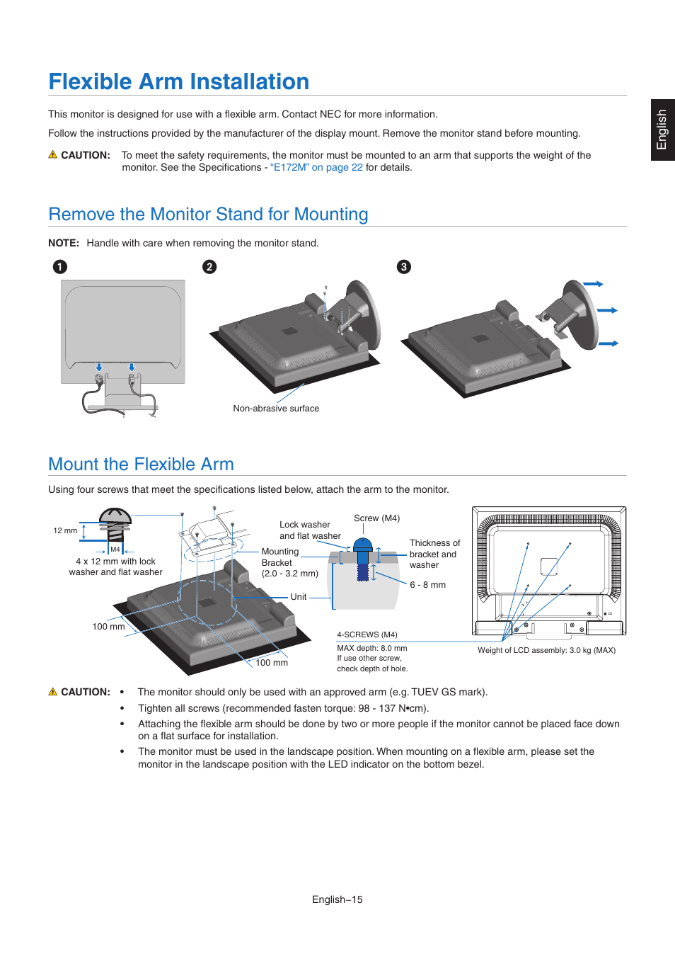 Flexible arm installation, Remove the monitor stand for mounting, Mount the flexible arm | NEC MultiSync E172M-BK 17" 5:4 TN Monitor User Manual | Page 17 / 28