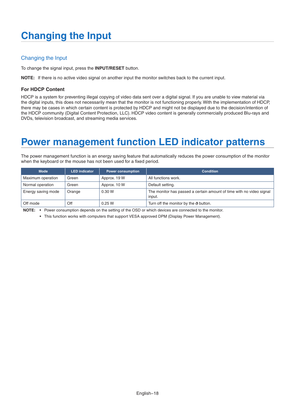 Changing the input, Power management function led indicator patterns | NEC MultiSync E172M-BK 17" 5:4 TN Monitor User Manual | Page 20 / 28