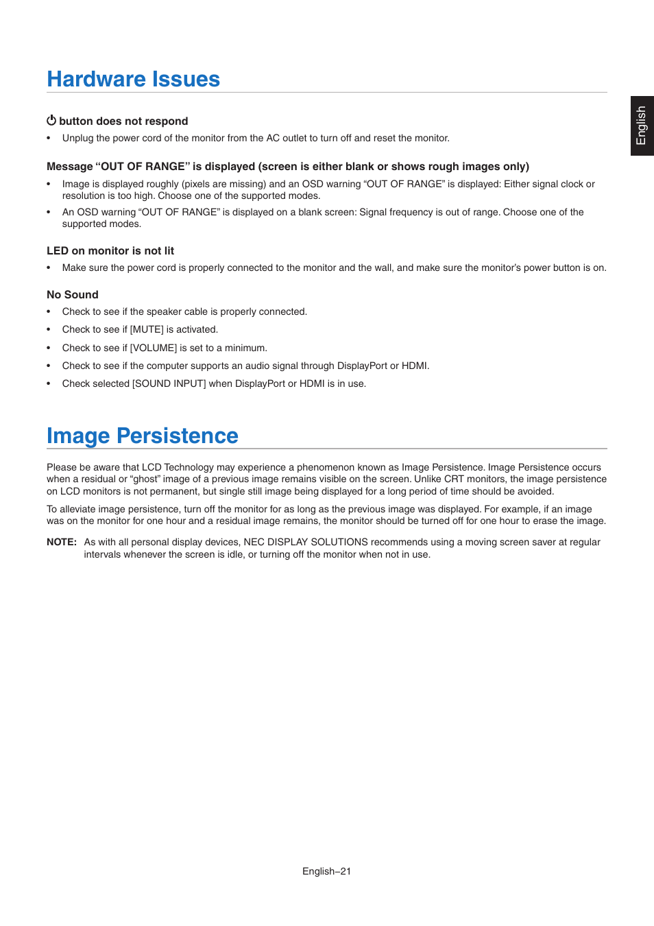 Hardware issues, Image persistence | NEC MultiSync E172M-BK 17" 5:4 TN Monitor User Manual | Page 23 / 28