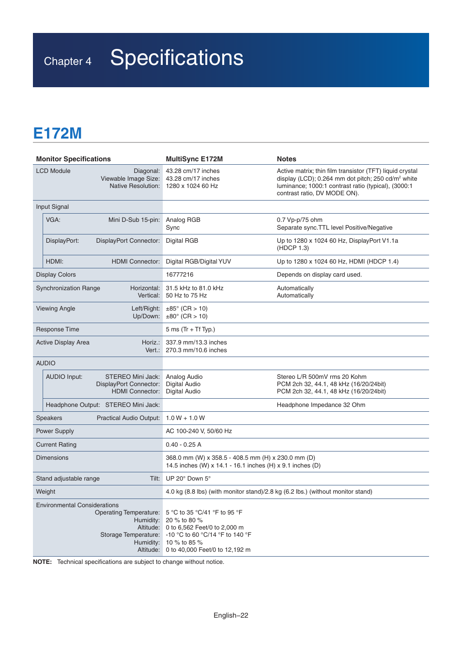 Specifications, E172m, Er to | Power supply, In the, Chapter 4 | NEC MultiSync E172M-BK 17" 5:4 TN Monitor User Manual | Page 24 / 28