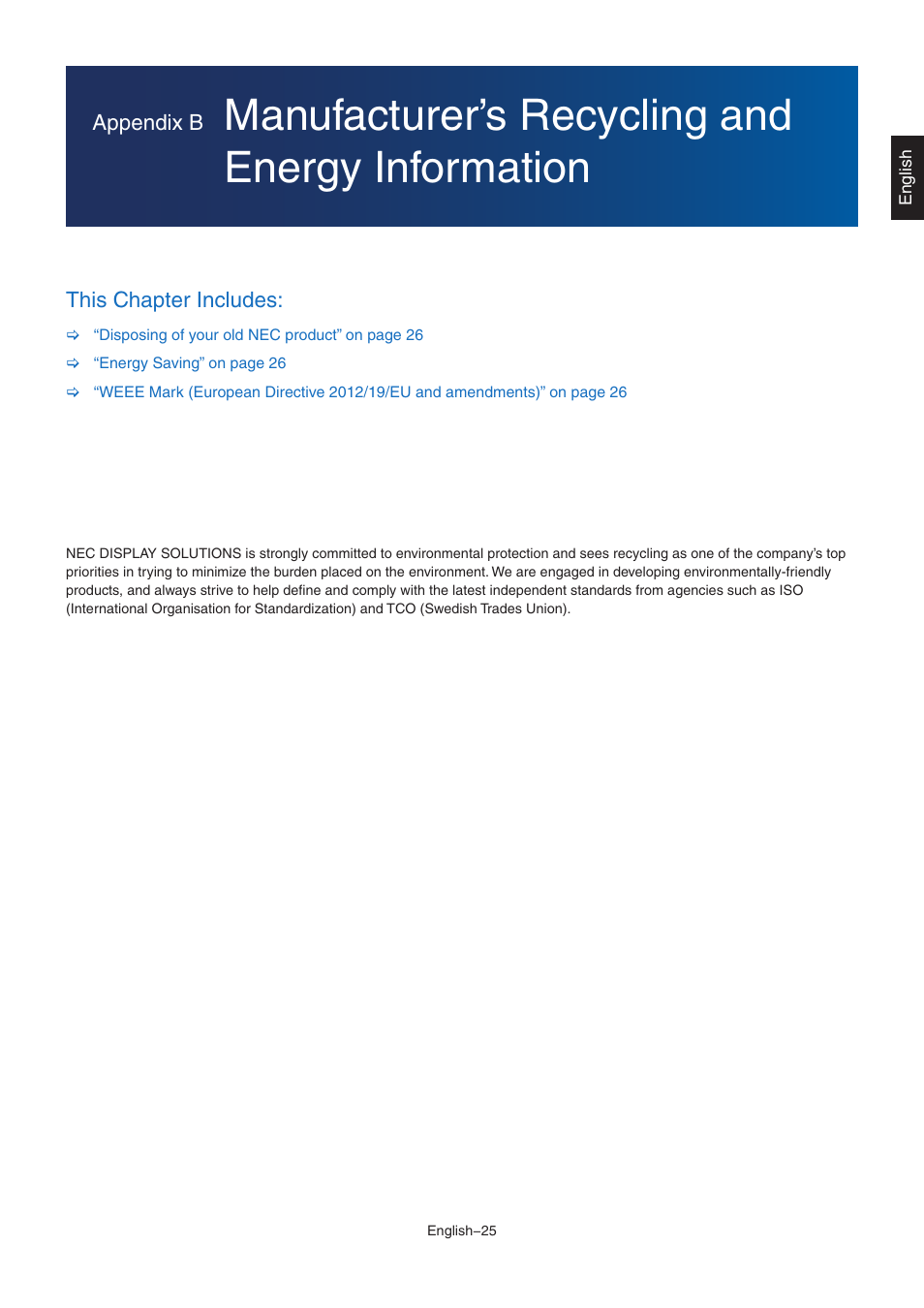 Manufacturer’s recycling and energy information, Appendix b, This chapter includes | NEC MultiSync E172M-BK 17" 5:4 TN Monitor User Manual | Page 27 / 28