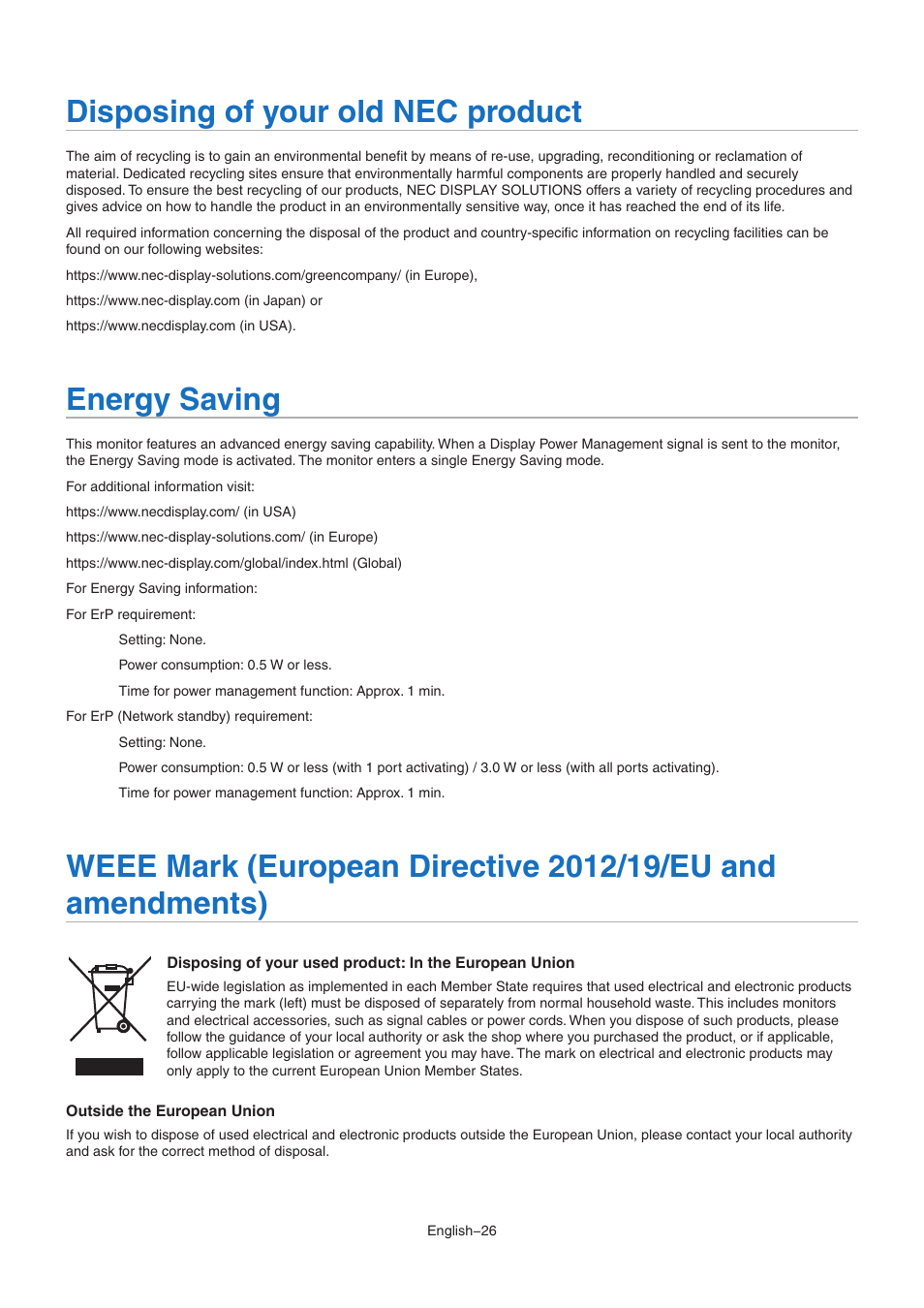 Disposing of your old nec product, Energy saving | NEC MultiSync E172M-BK 17" 5:4 TN Monitor User Manual | Page 28 / 28