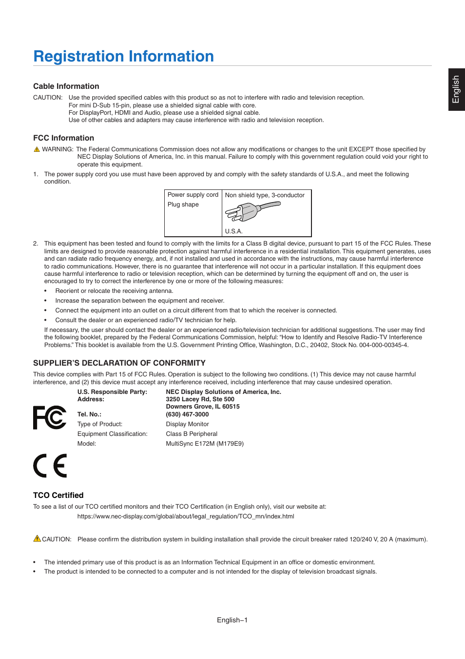 Registration information, Tco certified, English | NEC MultiSync E172M-BK 17" 5:4 TN Monitor User Manual | Page 3 / 28