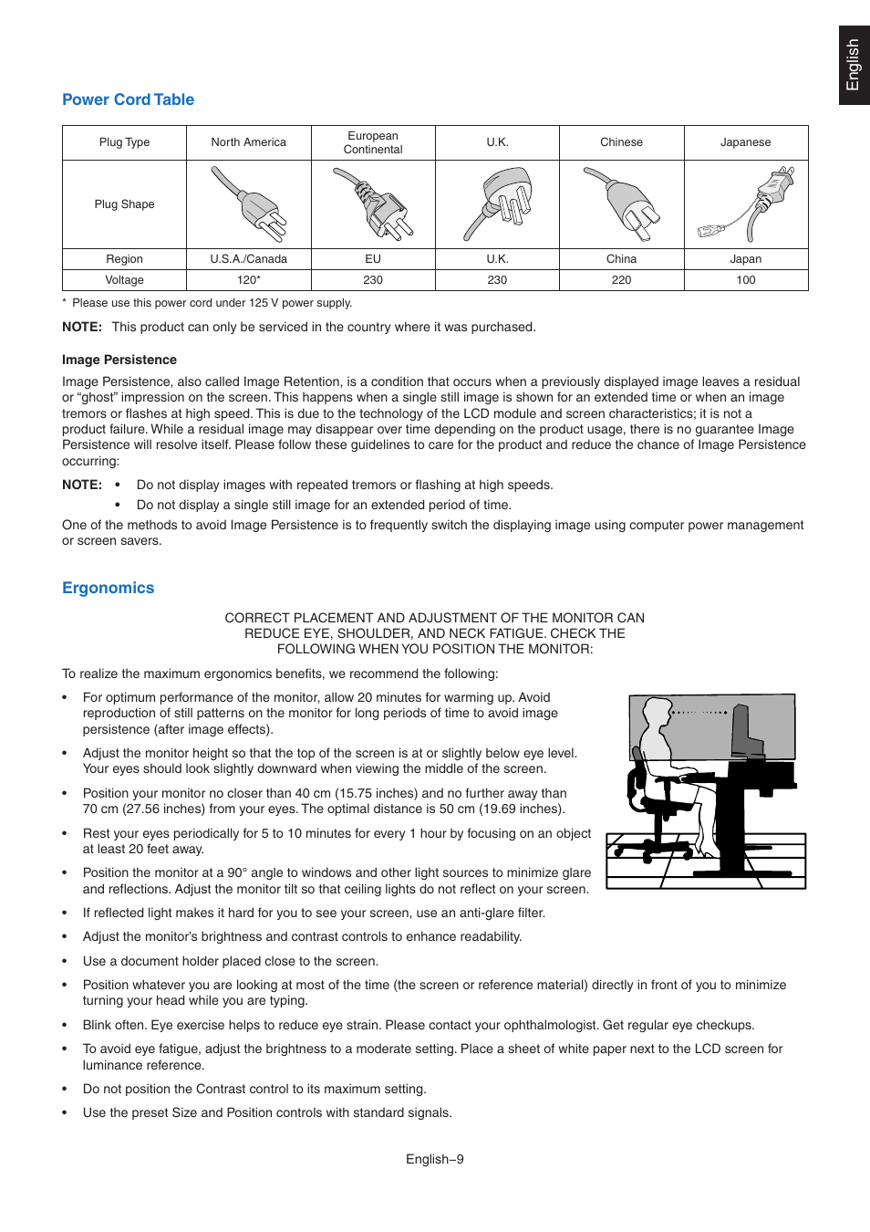 English power cord table, Ergonomics | NEC EA242WU 24" Monitor User Manual | Page 11 / 48