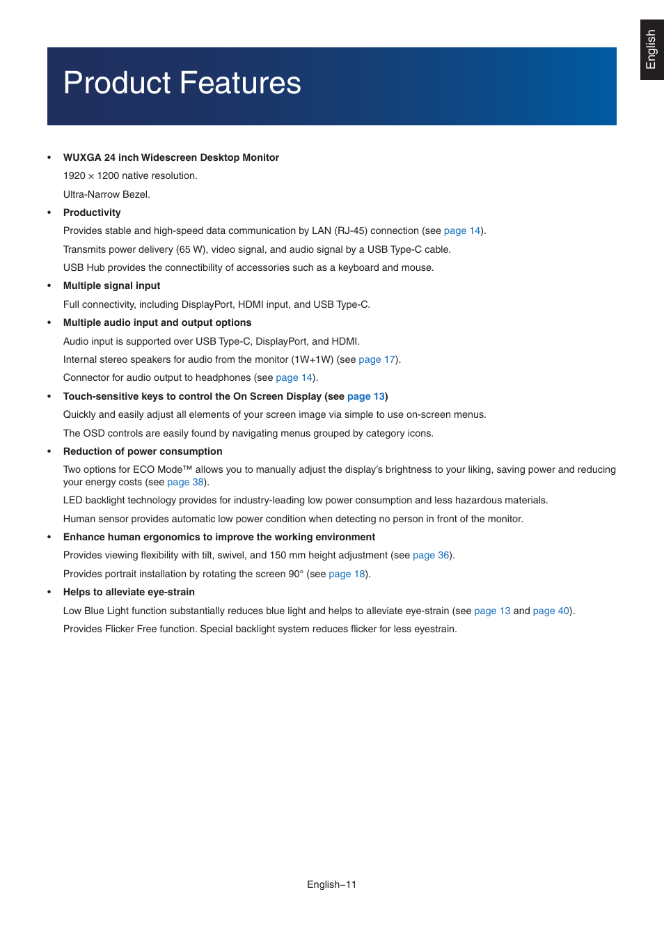 Product features | NEC EA242WU 24" Monitor User Manual | Page 13 / 48