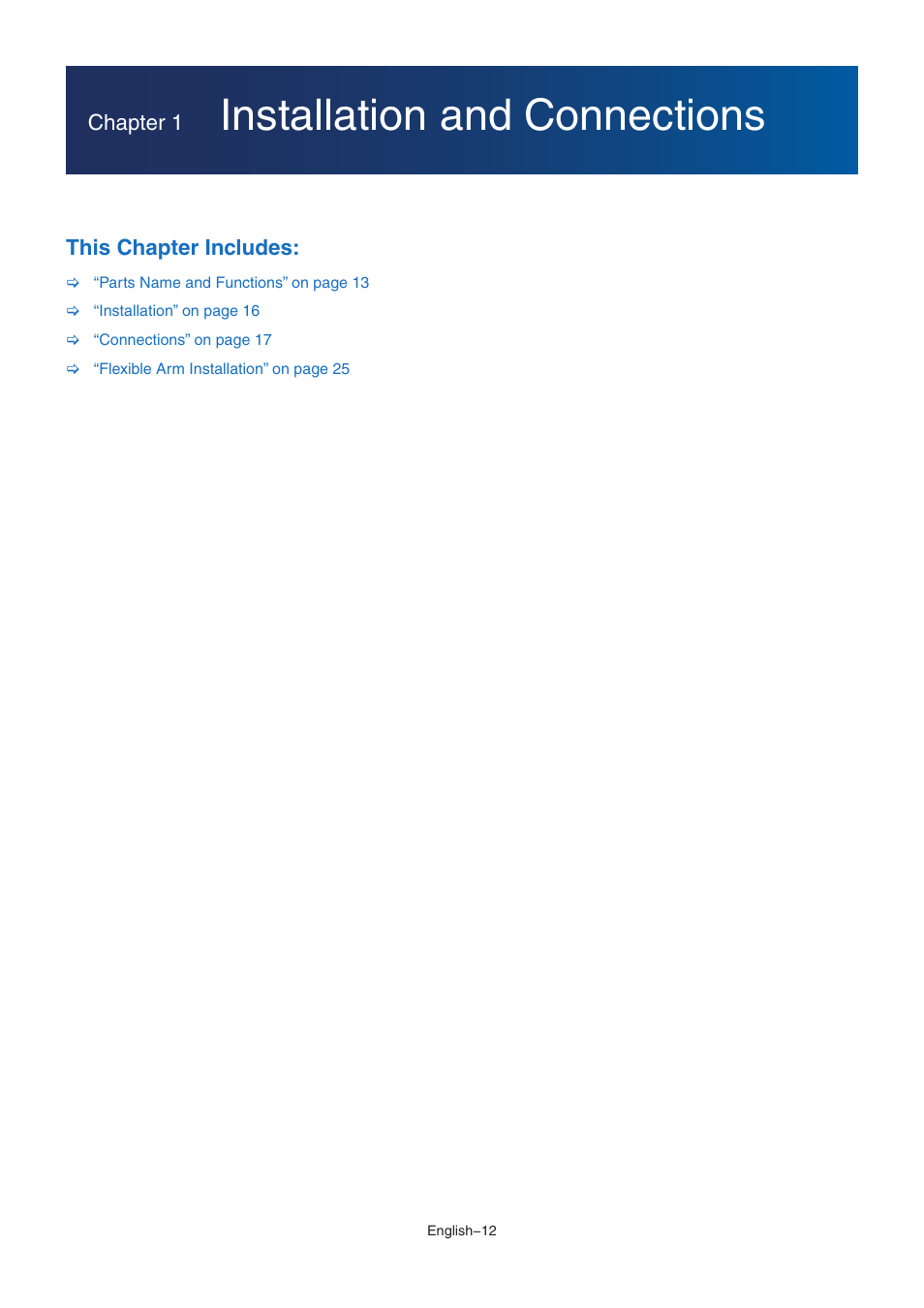 Installation and connections, Chapter 1, This chapter includesn | NEC EA242WU 24" Monitor User Manual | Page 14 / 48