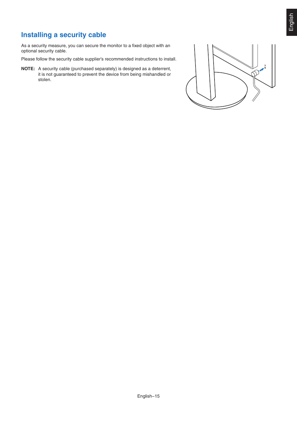 Installing a security cable | NEC EA242WU 24" Monitor User Manual | Page 17 / 48