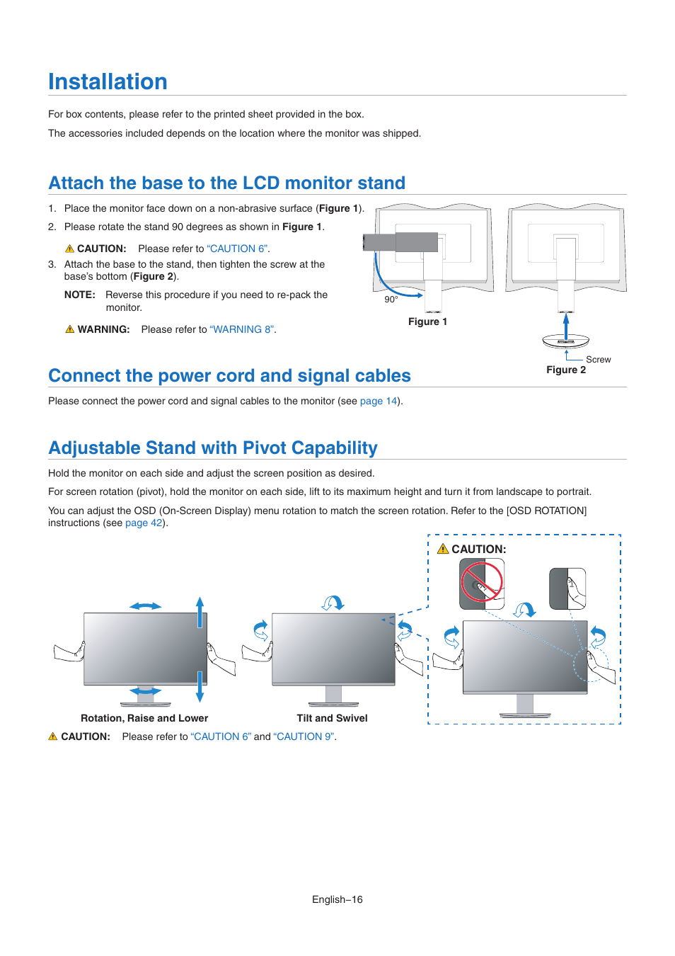 Installation, Attach the base to the lcd monitor stand, Connect the power cord and signal cables | Adjustable stand with pivot capability | NEC EA242WU 24" Monitor User Manual | Page 18 / 48