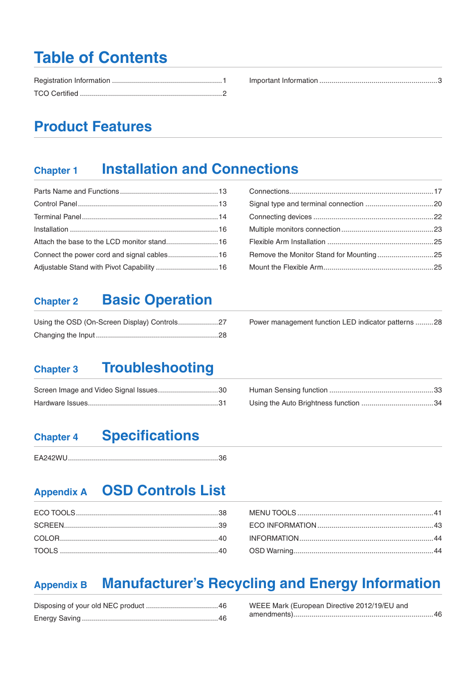 NEC EA242WU 24" Monitor User Manual | Page 2 / 48