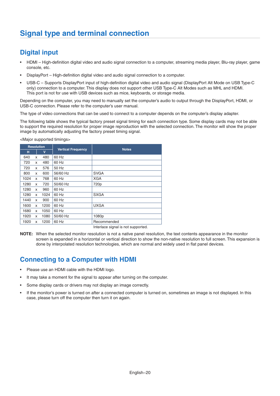 Signal type and terminal connection, Digital input, Connecting to a computer with hdmi | NEC EA242WU 24" Monitor User Manual | Page 22 / 48