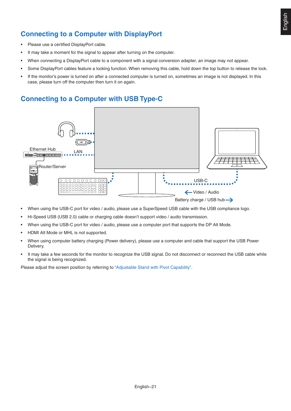 Connecting to a computer with displayport, Connecting to a computer with usb type-c | NEC EA242WU 24" Monitor User Manual | Page 23 / 48