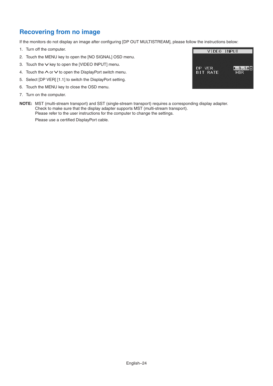 Leshooting step, Recovering from no image | NEC EA242WU 24" Monitor User Manual | Page 26 / 48