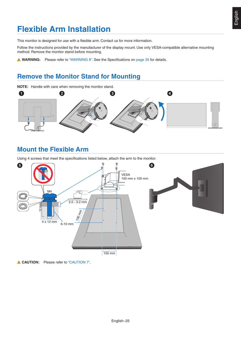 Flexible arm installation, Remove the monitor stand for mounting, Mount the flexible arm | NEC EA242WU 24" Monitor User Manual | Page 27 / 48