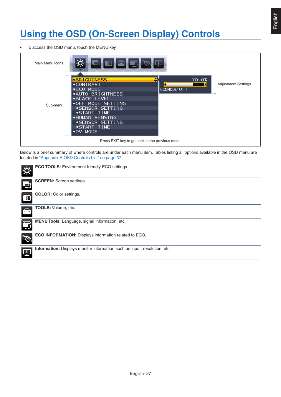 Using the osd (on-screen display) controls | NEC EA242WU 24" Monitor User Manual | Page 29 / 48