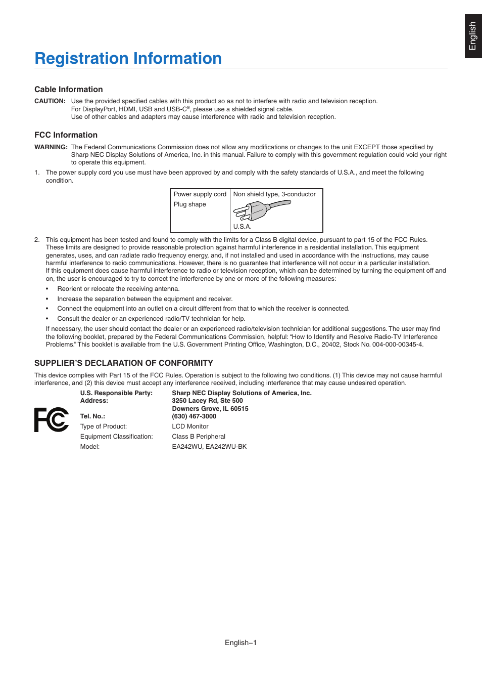 Registration information, English | NEC EA242WU 24" Monitor User Manual | Page 3 / 48