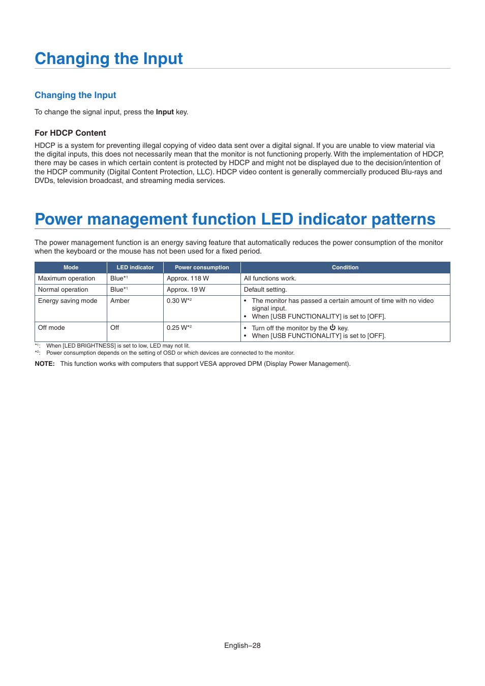 Changing the input, Power management function led indicator patterns, For hdcp content | NEC EA242WU 24" Monitor User Manual | Page 30 / 48