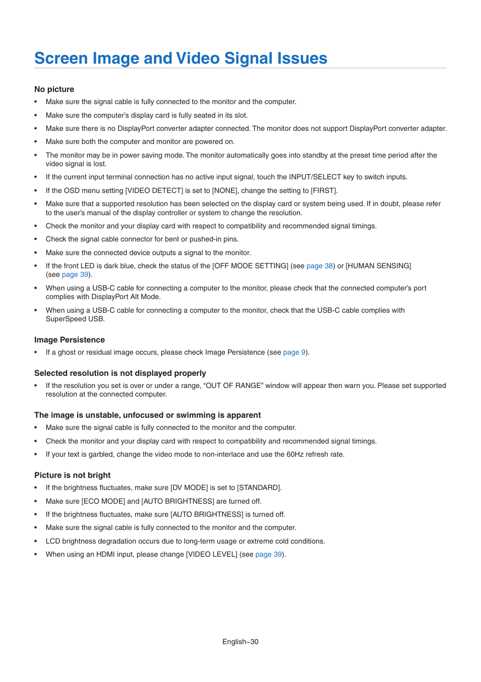 Screen image and video signal issues | NEC EA242WU 24" Monitor User Manual | Page 32 / 48