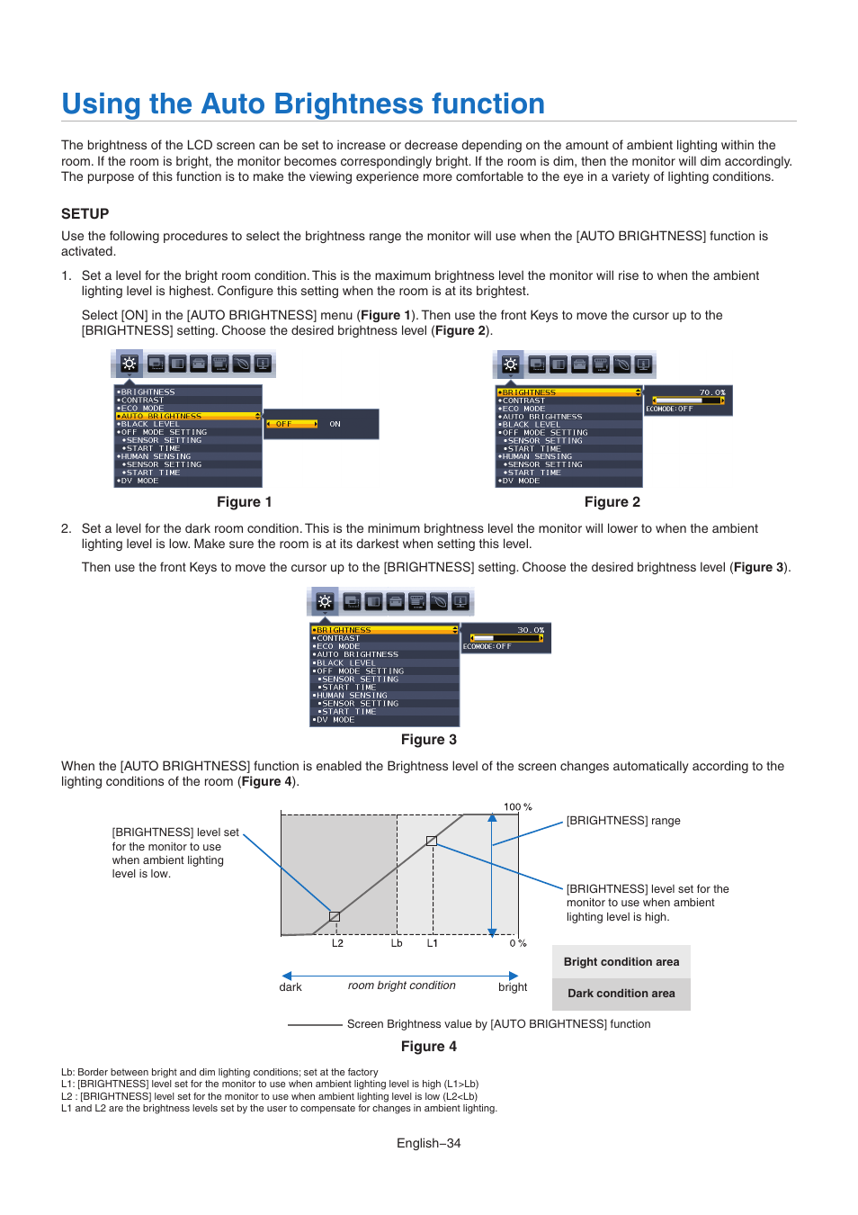 Using the auto brightness function | NEC EA242WU 24" Monitor User Manual | Page 36 / 48