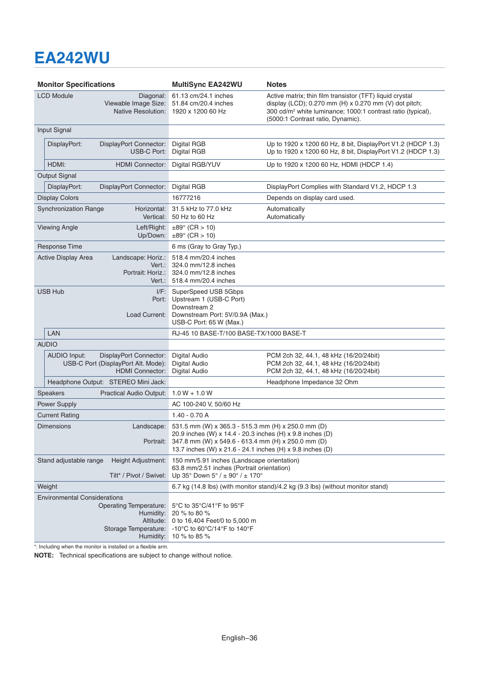 Ea242wu, El, and 150 mm height adjustment (see, Er to | Power supply, In the, Ea242u | NEC EA242WU 24" Monitor User Manual | Page 38 / 48