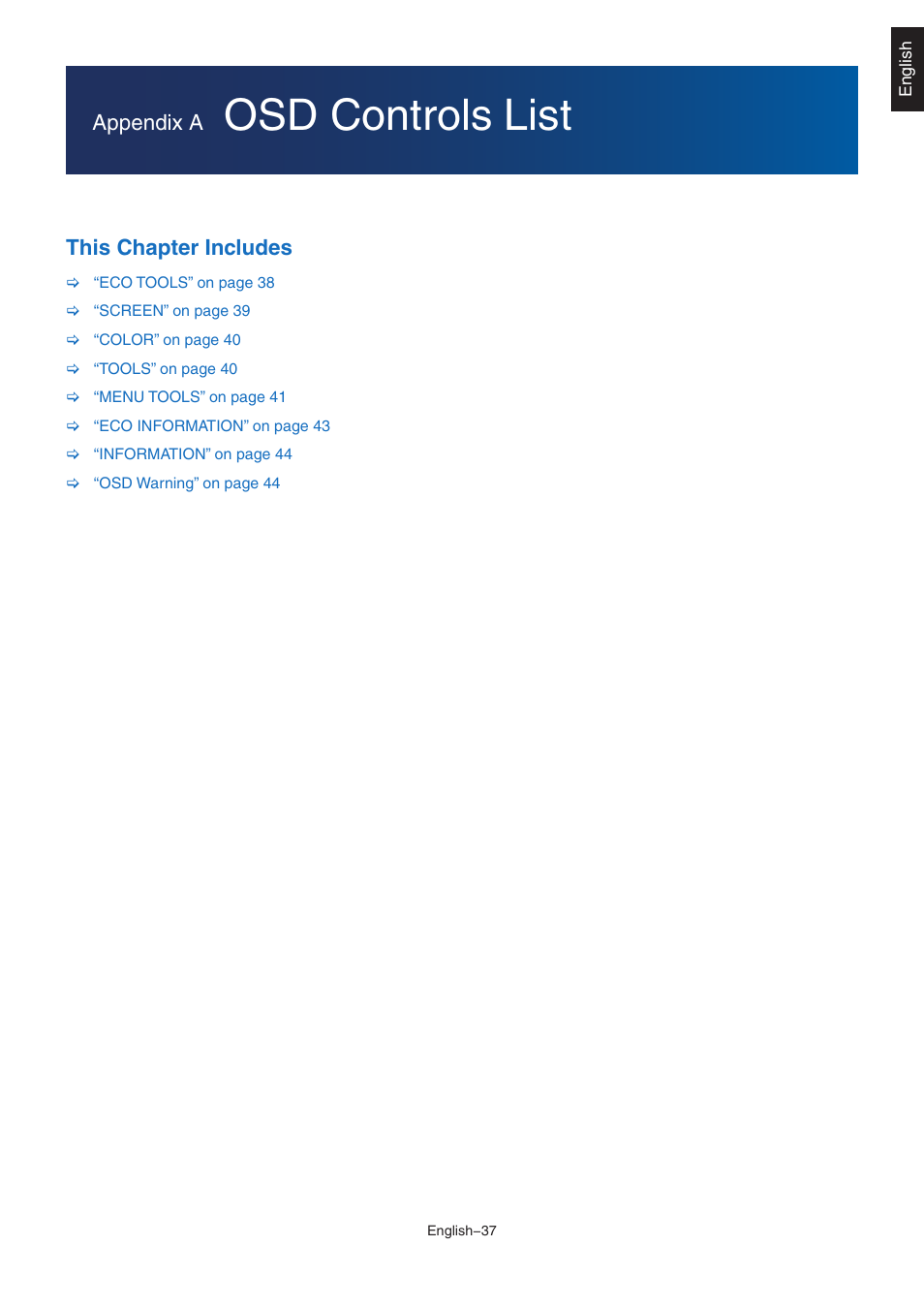 Osd controls list, Appendix a, This chapter includes | NEC EA242WU 24" Monitor User Manual | Page 39 / 48