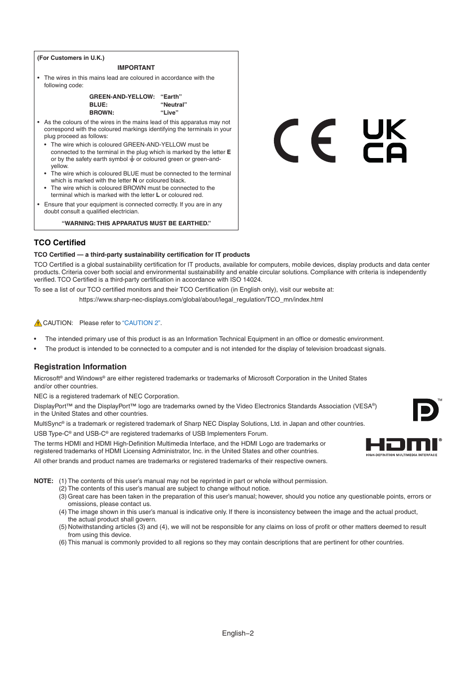 Tco certified, Registration information | NEC EA242WU 24" Monitor User Manual | Page 4 / 48