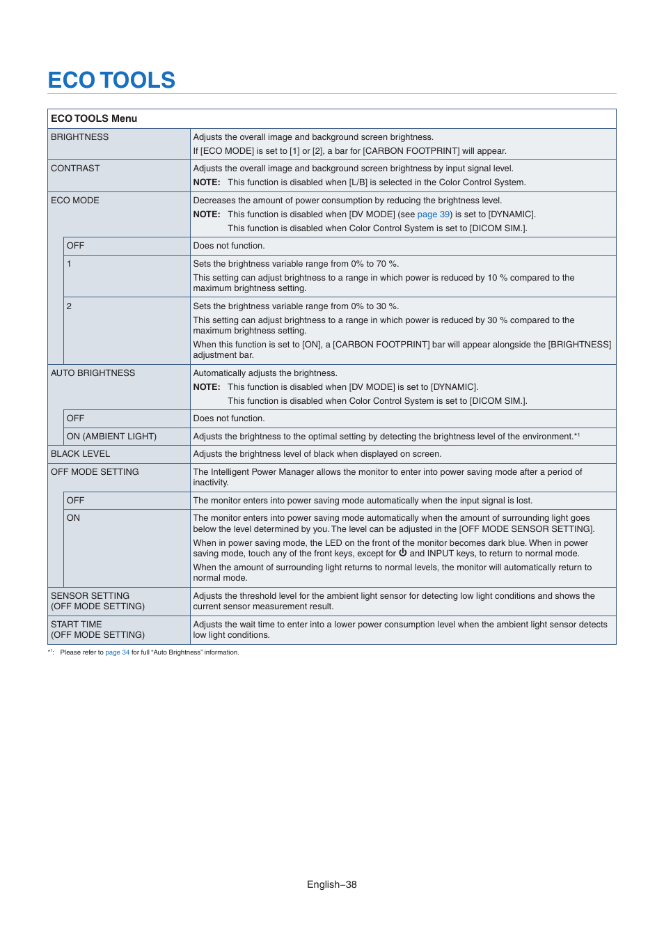 Eco tools, Our energy costs (see, K the status of the [off mode setting] (see | NEC EA242WU 24" Monitor User Manual | Page 40 / 48