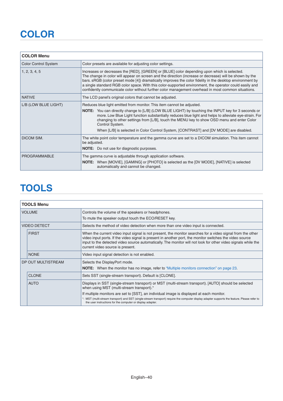 Color, Tools | NEC EA242WU 24" Monitor User Manual | Page 42 / 48