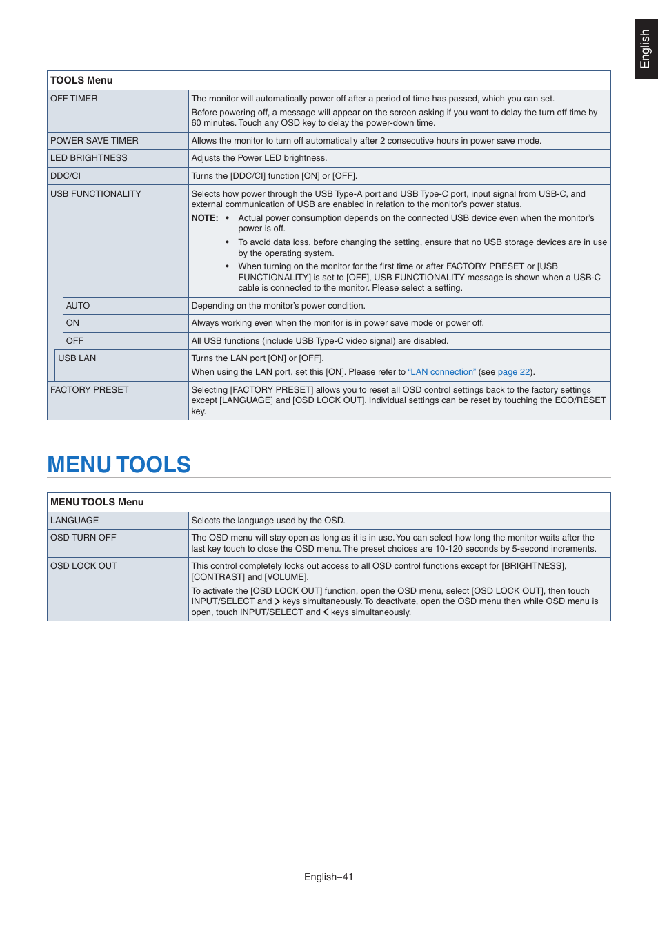 Menu tools, Meou tools, English | NEC EA242WU 24" Monitor User Manual | Page 43 / 48