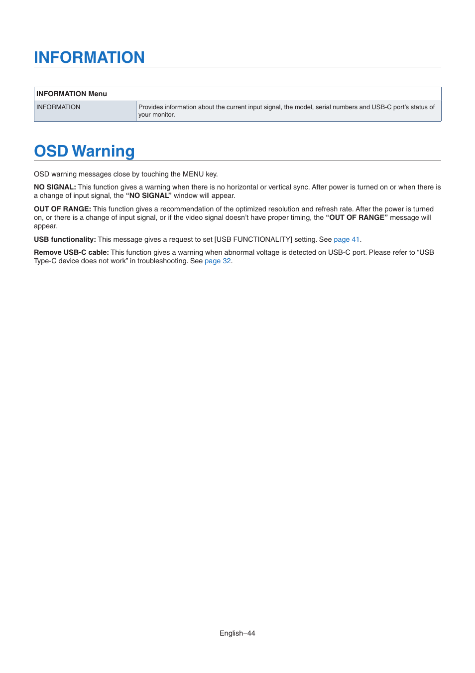 Information, Osd warning, Ioformatioo | Osd arning | NEC EA242WU 24" Monitor User Manual | Page 46 / 48