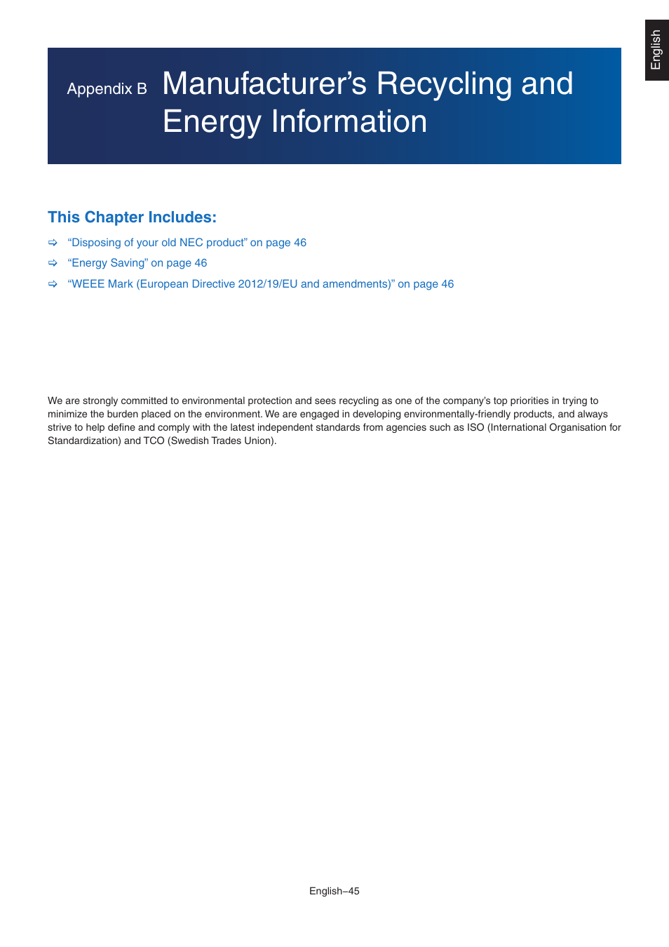 Manufacturer’s recycling and energy information, Appendix b, This chapter includesn | NEC EA242WU 24" Monitor User Manual | Page 47 / 48