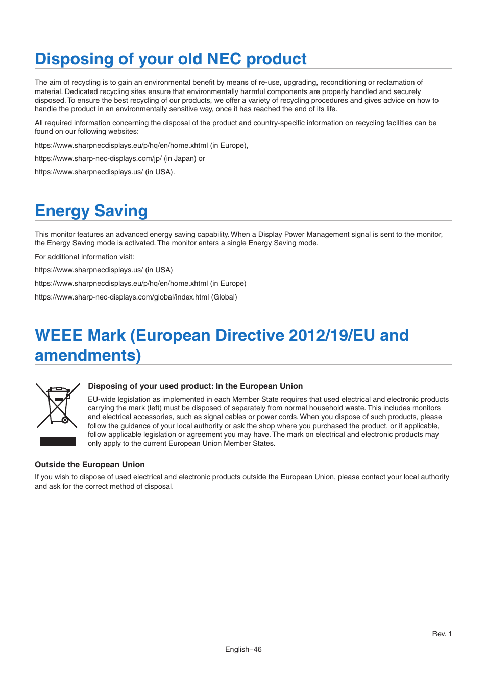 Disposing of your old nec product, Energy saving, Disposing of your old oec product | NEC EA242WU 24" Monitor User Manual | Page 48 / 48