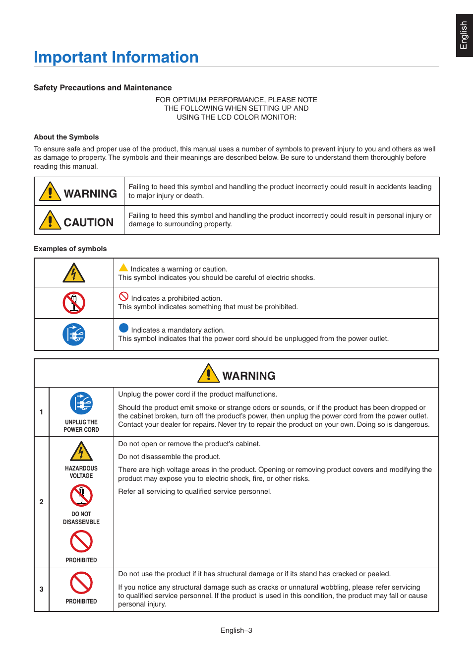 Important information, Aroion, Cautioo | NEC EA242WU 24" Monitor User Manual | Page 5 / 48