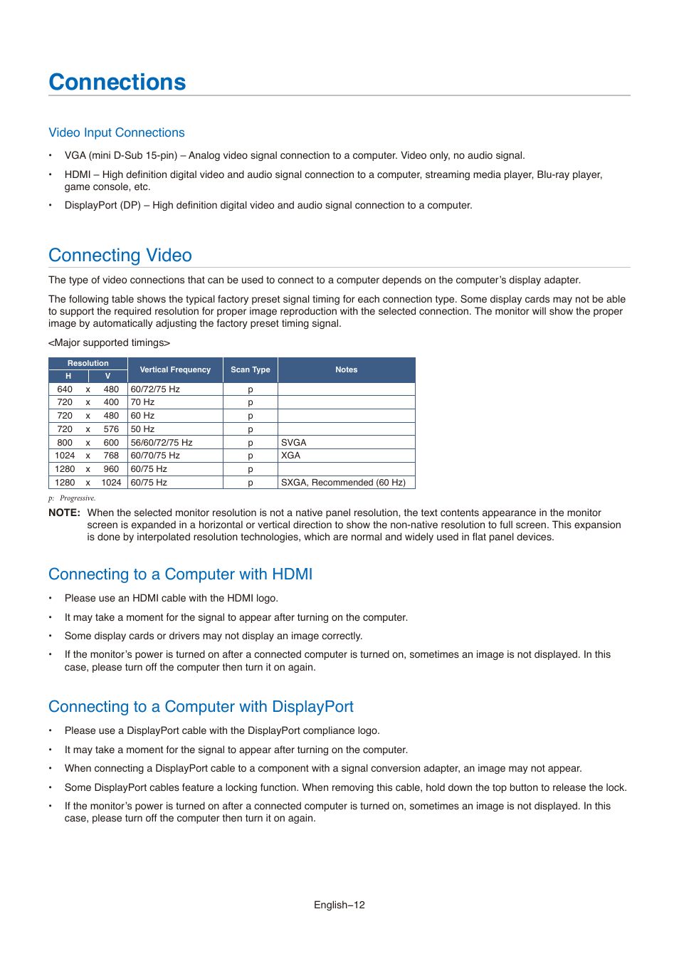 Connections, Connecting video, Connecting to a computer with hdmi | Connecting to a computer with displayport, Video input connections | NEC AccuSync AS173M 17" 5:4 TN Monitor User Manual | Page 14 / 31