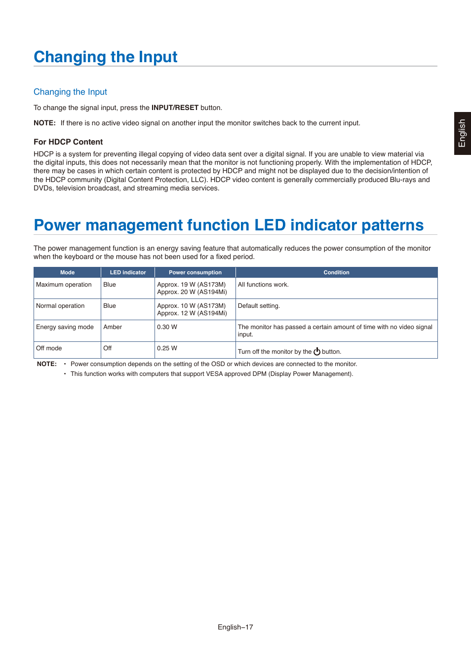 Changing the input, Power management function led indicator patterns | NEC AccuSync AS173M 17" 5:4 TN Monitor User Manual | Page 19 / 31