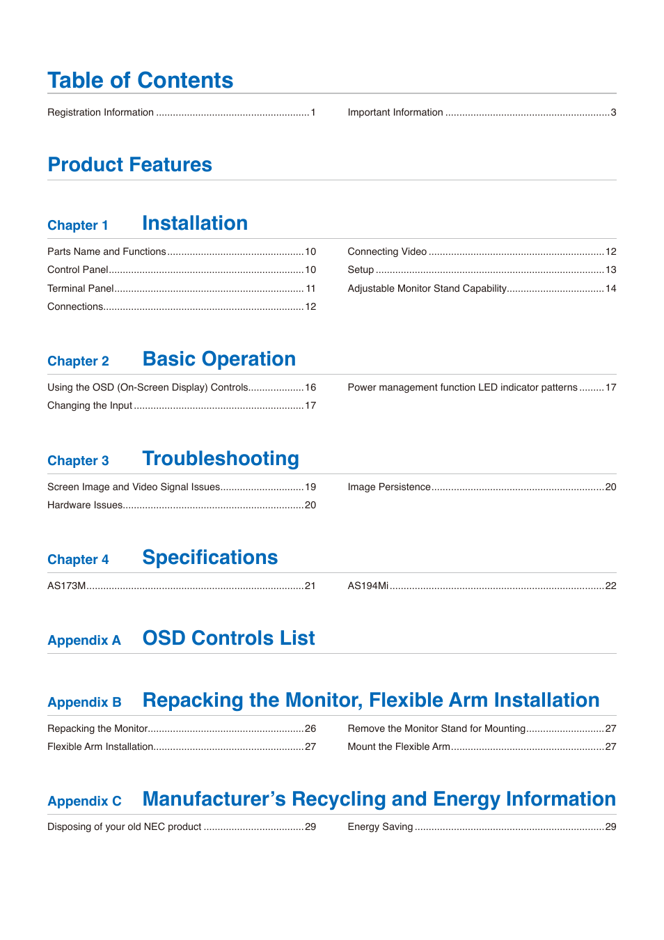 NEC AccuSync AS173M 17" 5:4 TN Monitor User Manual | Page 2 / 31