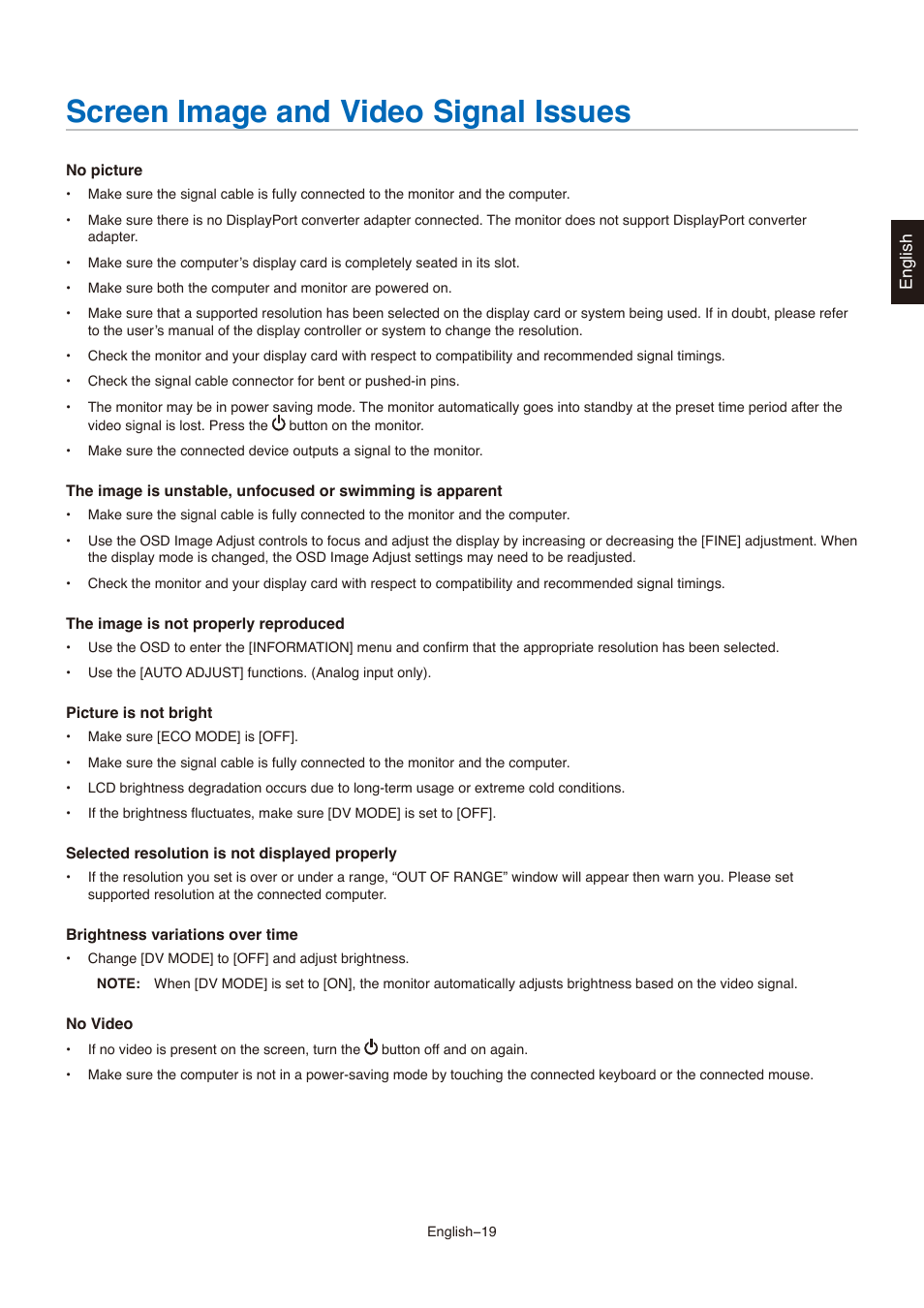 Screen image and video signal issues | NEC AccuSync AS173M 17" 5:4 TN Monitor User Manual | Page 21 / 31