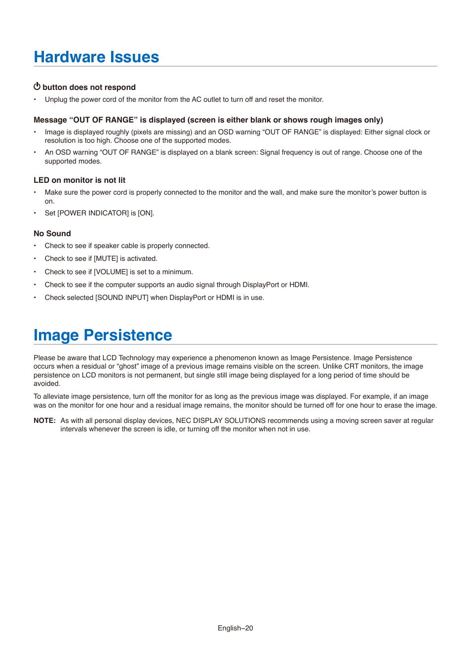 Hardware issues, Image persistence | NEC AccuSync AS173M 17" 5:4 TN Monitor User Manual | Page 22 / 31