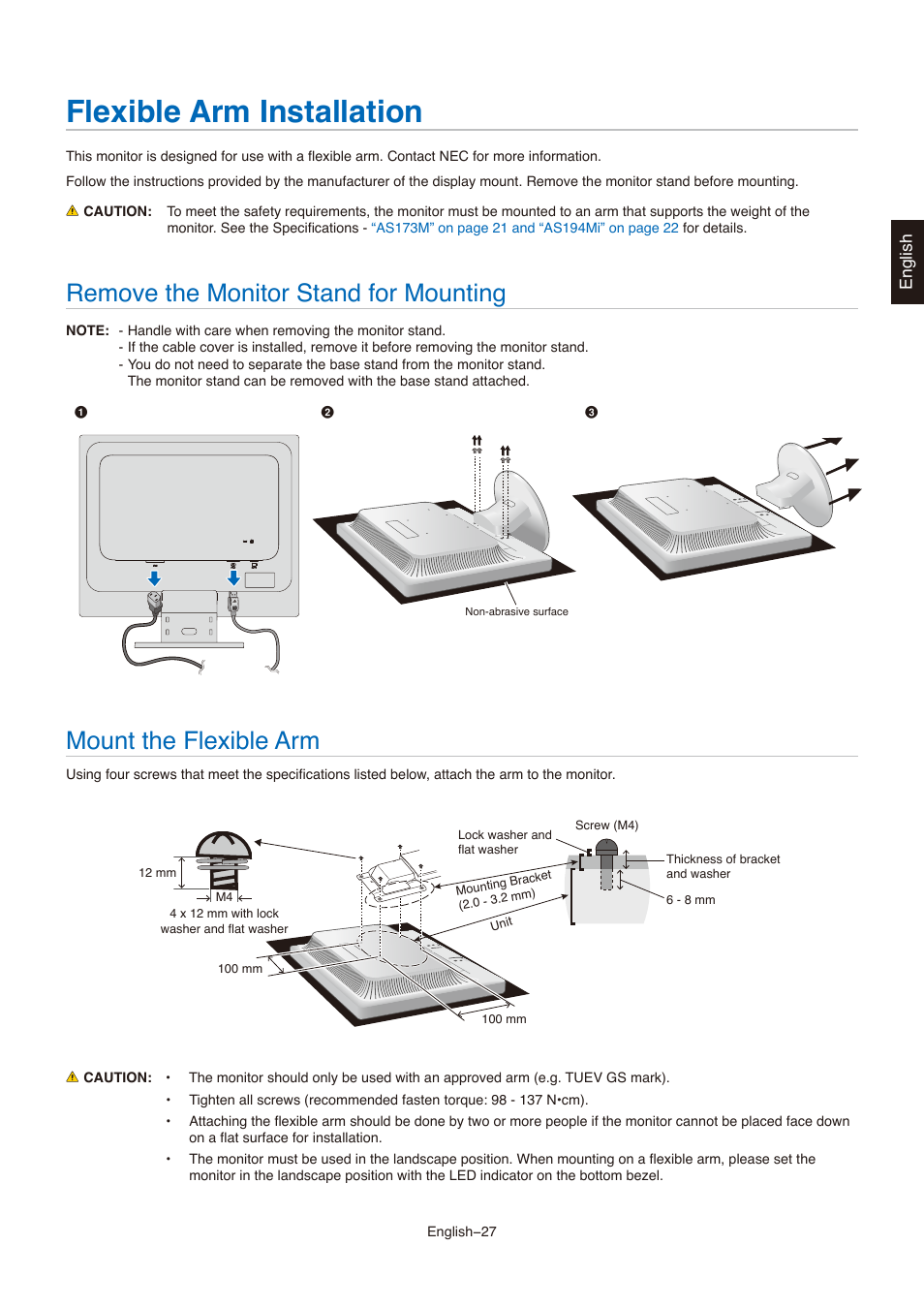 Flexible arm installation, Remove the monitor stand for mounting, Mount the flexible arm | NEC AccuSync AS173M 17" 5:4 TN Monitor User Manual | Page 29 / 31