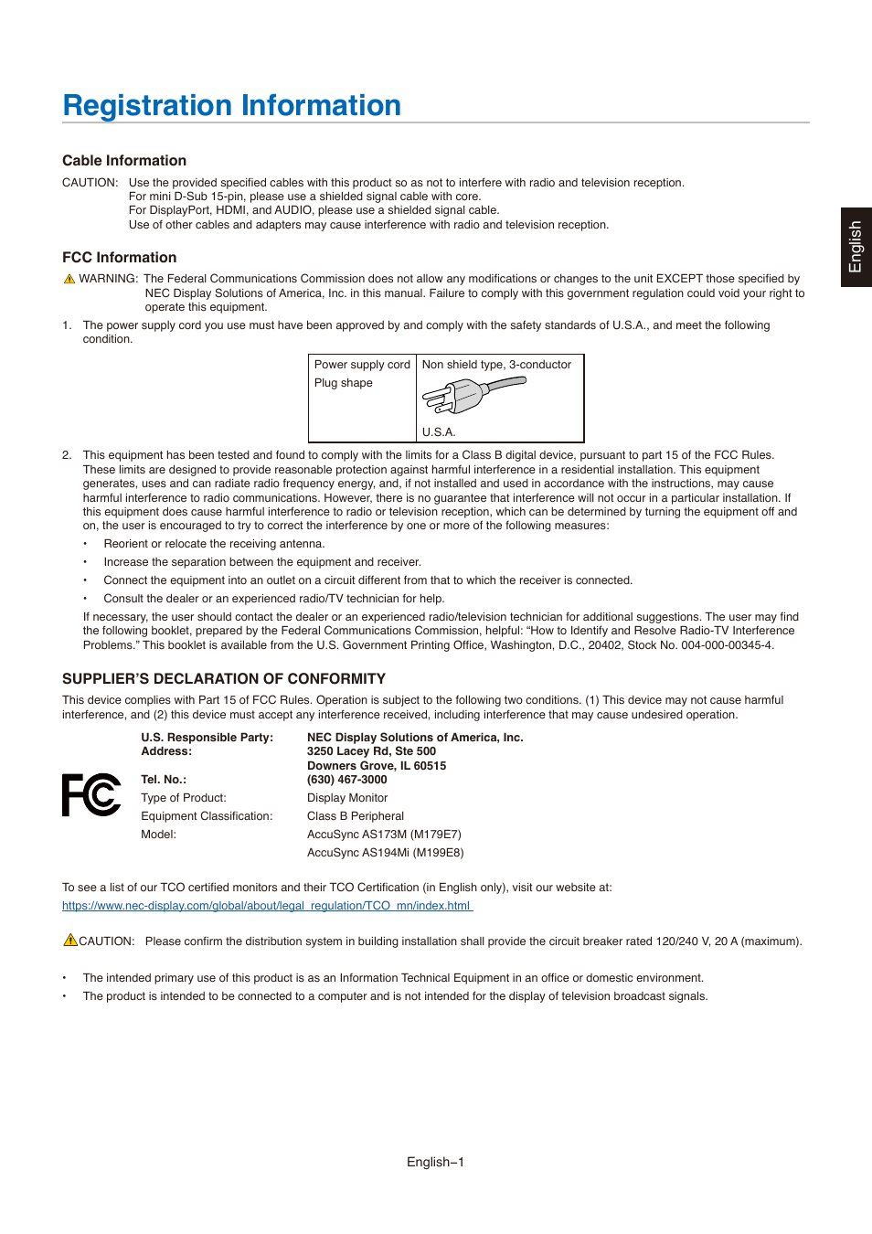 Registration information, English | NEC AccuSync AS173M 17" 5:4 TN Monitor User Manual | Page 3 / 31