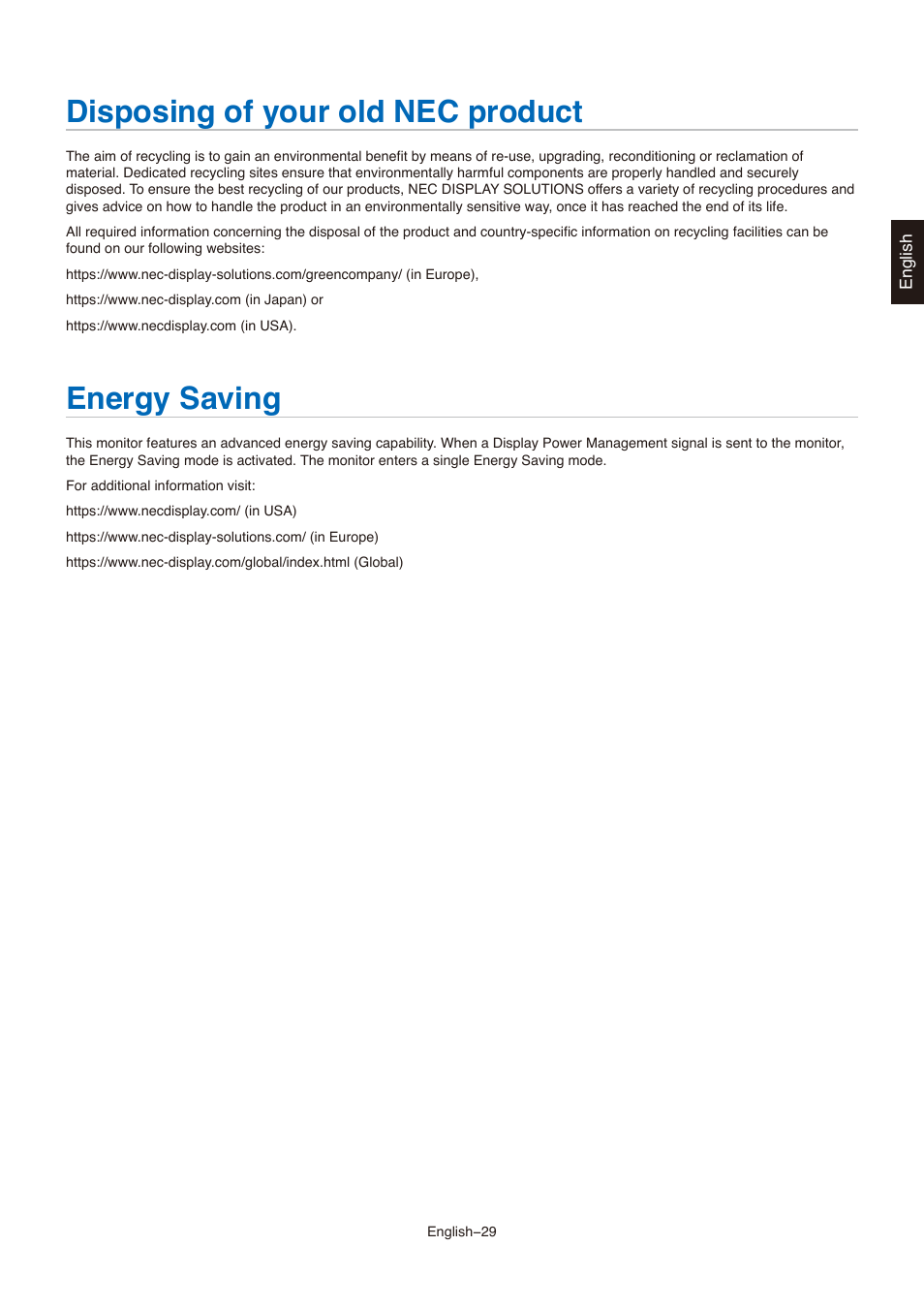 Disposing of your old nec product, Energy saving | NEC AccuSync AS173M 17" 5:4 TN Monitor User Manual | Page 31 / 31