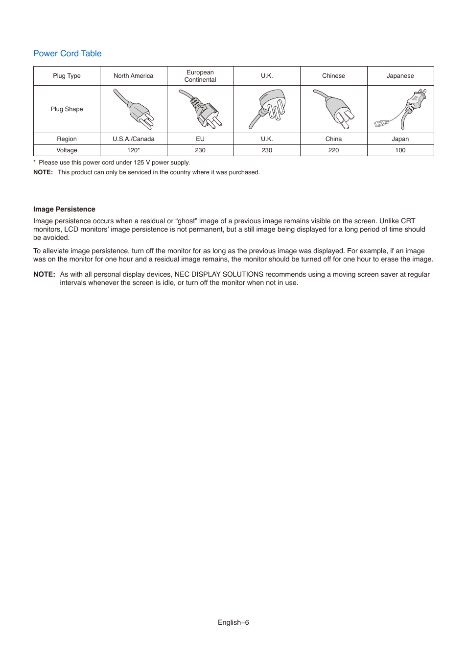 Power cord table | NEC AccuSync AS173M 17" 5:4 TN Monitor User Manual | Page 8 / 31