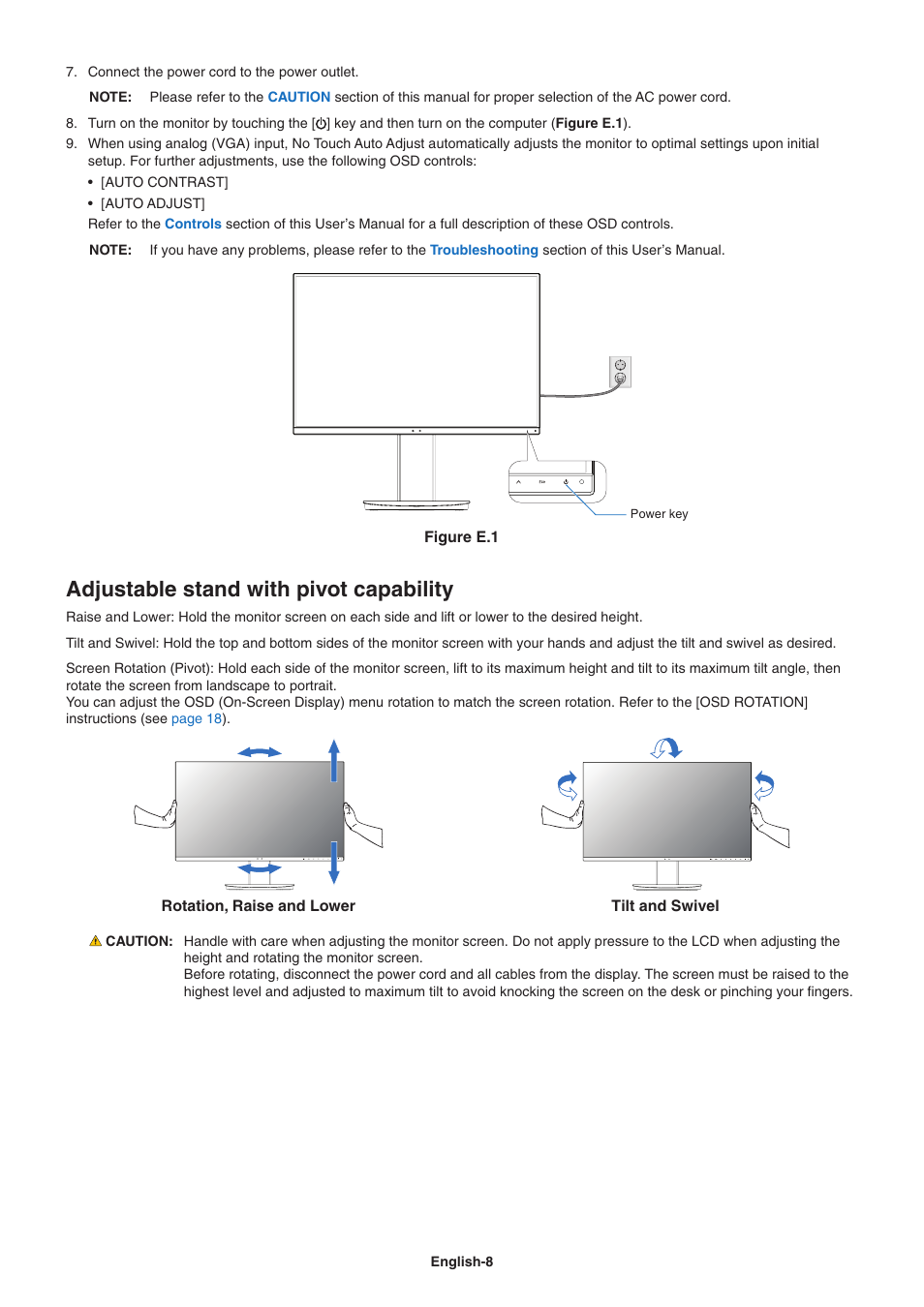 Adjustable stand with pivot capability | NEC MultiSync EA241F 23.8" 16:9 IPS Monitor (No Stand) User Manual | Page 10 / 31